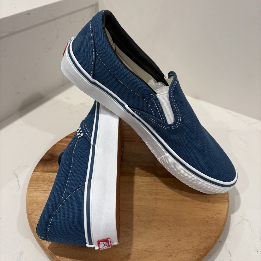 Vans Slip On Shoes Men 10.5 Skate Sneaker Navy Blue White Canvas Low Top PopCush